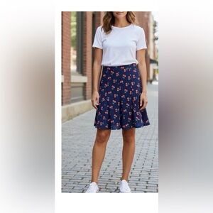Talbots Cherry Print Pleated Navy Mini Skirt Size 10P